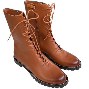 EUC J. Crew Leather Gwen Lace Up Lug Sole Mid-Calf Boots Brown Size 10